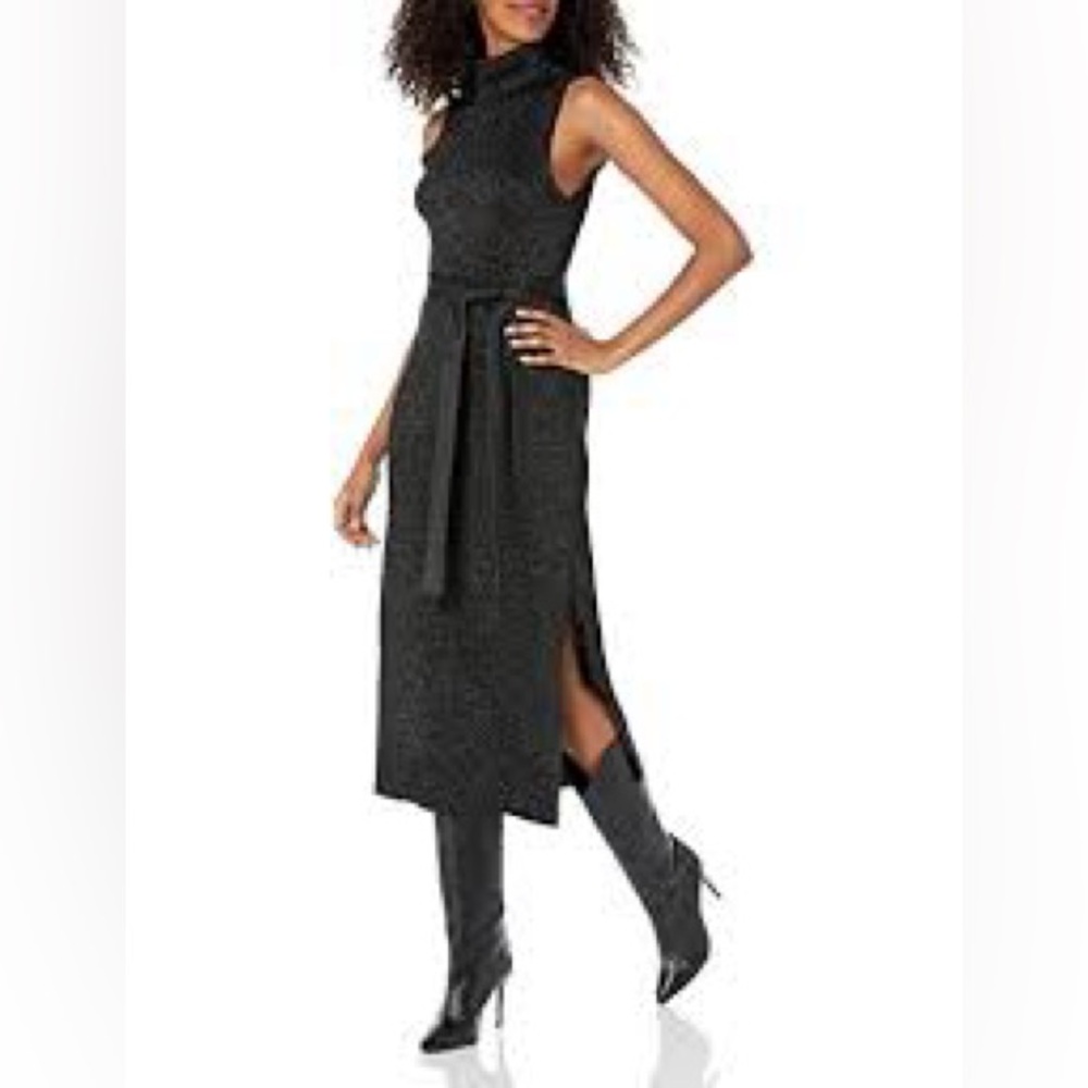 NWOT PAIGE Zoelle Black Metallic Sleeveless Midi Dress with Waist Tie